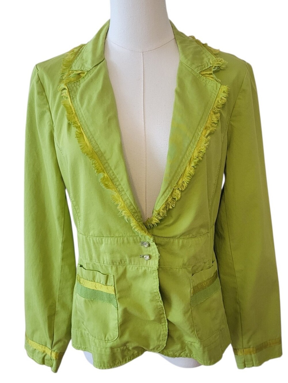 Burning Torch Spring Green Frayed Edges Cotton Blazer Jacket Size Medium